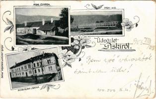 1903 Piski, Simeria; csárda, vasúti híd, m. kir. állami iskola. Főző József kiadása, szecessziós-virágos keret / inn, railway bridge, school. Art Nouveau, floral (kopott sarkak / worn corners)