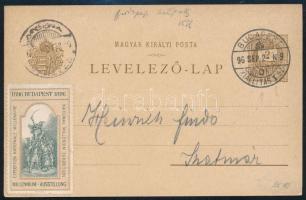1896 Millenniumi díjjegyes levelezőlap, "Főbejárat" grafikával, kiállítási bélyegzéssel és levélzáróval, ritka!