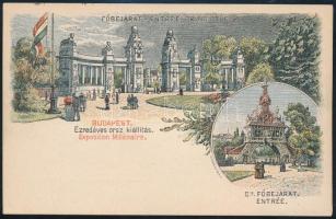 1896 Millenniumi díjjegyes levelezőlap, "Főbejárat" grafikával, kiállítási bélyegzéssel és...