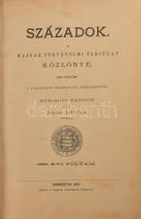 1899 Századok. A Magyar Történelmi Társulat közlönye XXXIII. évf. 1899. évi folyam. Szerk.: Szilágyi Sándor, II-X. Nagy Gyula. Bp., 1899, Magyar Történelmi Társulat, (Athenaeum-ny.), X+2 (Szilágyi Sándor nekrológja)+958 p. Korabeli átkötött aranyozott gerincű félbőr-kötés, kissé kopott borítóval.