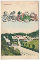 1911 Tusnádfürdő, Baile Tusnad; vasútállomás, gőzmozdony, vonat. Klein Antalné kiadása, montázs / railway station, locomotive, train. Montage (EB)