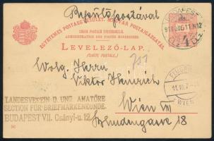 1918 5kr milleniumi díjjegyes levelezőlap Herkulesfürdő grafikával, légi lapként Bécsbe küldve, a hátoldalon Arató 2 x 10f, Parlament 50f + 1K és Repülő posta 1K 50f/75f bélyegekkel, ritka!