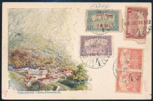 1918 5kr milleniumi díjjegyes levelezőlap Herkulesfürdő grafikával, légi lapként Bécsbe küldve, a há...