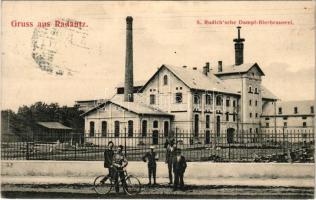 Radauti, Radóc, Radautz (Bukovina, Bucovina, Bukowina); S. Rudich'sche Dampf-Bierbauerei. Verlag Salomon Hirsch / sörgyár / brewery, beer factory, man with bicycle (EK)