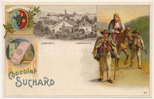 Chernivtsi, Czernowitz, Cernauti, Csernyivci (Bukovina, Bucovina, Bukowina); Chocolat Suchard Swiss chocolate advertisement with general view, coat of arms of Bukovina, folklore