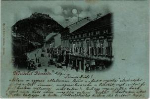 1899 Déva, utca, vár a háttérben, Lengyel Dániel, Pap, Schuleri Fritz üzlete este holdfényben. Hirsch Adolf kiadása / street, shops, castle at night in moonligth (EM)