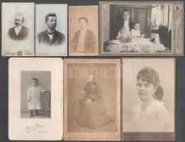 cca 1870-1910 7 db keményhátú fotó vegyes műtermekből, 10,5×6,5 és 11×17 cm közötti méretekben