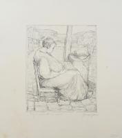 Boross Géza (1908-1971): Öregasszony borsót szemel. Rézkarc, papír jelzett, restaurált, 24,5×19,5 cm