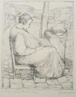 Boross Géza (1908-1971): Öregasszony borsót szemel. Rézkarc, papír jelzett, restaurált, 24,5×19,5 cm