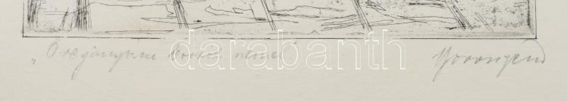 Boross Géza (1908-1971): Öregasszony borsót szemel. Rézkarc, papír jelzett, restaurált, 24,5×19,5 cm