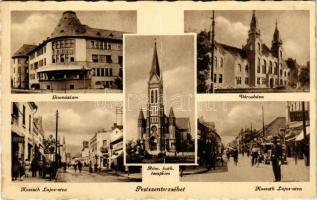 1943 Budapest XX. Pestszenterzsébet, Pesterzsébet, Erzsébetfalva; Gimnázium, Városháza, Kossuth Lajos utca, Római katolikus templom, üzletek, rendőr (fa)