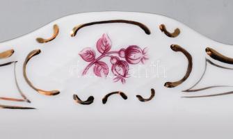 Hollóházi lila virágmintás asztalközép kínáló rokályos aranyozással. Jelzett, hibátlan, 29,5x29,5 cm