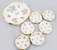 Herendi Viktória mintás süteménykínáló szett, tálca 28x25 cm, és 6 darab tálka d: 12,5 cm. Jelzett, hibátlan.