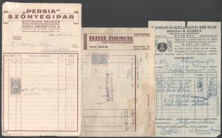 cca 1937-1943 8 db fejléces számla, közte Persia Szőnyegipar, Breuer Zsigmond Könyvkötészet, Birnbaum Márkus Vászon és Kelengye Áruház, stb.