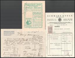 1936-1938 3 db ékszerész és órás, ezüstműves számla és reklámlap: Schmidt Gyula, Abramovics Dezső, Fischer Lipót
