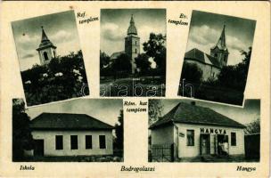 Bodrogolaszi, református templom, evangélikus templom, római katolikus templom, iskola, Hangya üzlete (EK)