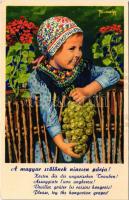 A magyar szőlőnek nincsen párja. Magyar szőlő reklámja, folklór. Klösz György és Fia kiadása / Hungarian grape advertisement, agricultural propaganda, folklore s: Pálinkás Gy. + "1938 IX. Őszi lakberendezési és háztartási vásár Budapest" So. Stpl