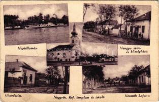 1938 Bród, Nagyrév, Slavonski Brod, Brod na Savi; Hajóállomás, Hangya szövetkezet és községháza, utcarészlet, református templom és iskola, Kossuth Lajos utca / ship port, cooperative shop, town hall, street, Calvinist church and school, street view (EB)