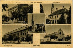 Bátaszék, kaszinó, Római katolikus templom, Községháza, Községi iskola, Uránia mozi. Baura József kiadása (EM)