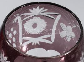 Dúsan csiszolt lilán pácolt talpas borospohár szett, 6 darab, original dobozban, hibátlan, m: 21 cm