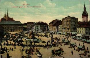 1911 Brno, Brünn; Krautmarkt gegen den Dom und Rathausturm / market, cathedral, town hall, café, shops (b)