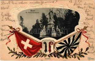 1904 Basel, St. Jacobs Denkmal / monument, coat of arms, flags. Art Nouveau, litho, Emb.
