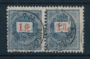 1889 Feketeszámú 1Ft I. típusú pár, a jobb oldali bélyeg sztereotip jegyekkel 12 : 11 1/2 fogazással