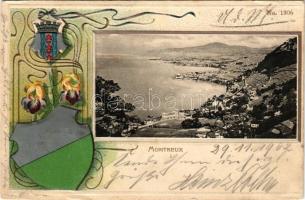 1902 Montreux, general view, coat of arms. Jullien Fréres No. 1306. Art Nouveau, floral, litho, Emb. (fl)