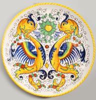 Deruta kézzel festett dísztál d: 24,5 cm, és 2 darab bögre m: 9 cm