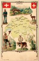Schweiz. Ges gesch. No. 19790. Serie 74. / Switzerland map, coat of arms, flags, soldier, folklore. Art Nouveau litho