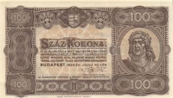 1923. 100K nyomdahely jelöléssel, kissé lecsúszott előlapi nyomat T:I