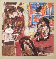 Keleti Jenő (1920-1998): Társaság. Vegyes technika, papír, jelezve jobbra lent, papírra kasírozva. 35x33 cm