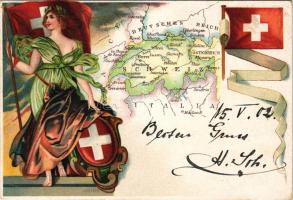 1902 Switzerland map, coat of arms, flags, litho