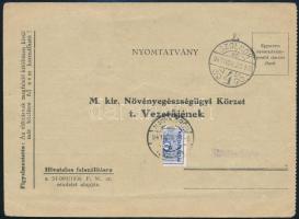 1941 Nyomtatvány Kékportó 8f felezett bélyeggel "SZOLNOK" - "NAGYKŐRÖS"