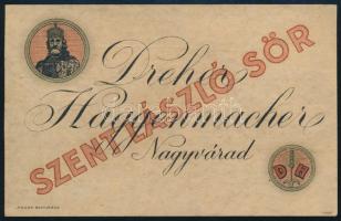 "Dreher Haggencmacher Nagyvárad, Szent László Sör", Nagyvárad, "Pallas", sörcímke, a hátoldalán későbbi bejegyzéssel, 8x12 cm