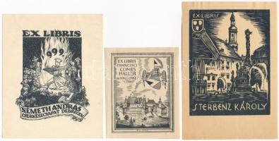 3 db ex libris, közte Biczó András grafikája, vegyes technika, papír