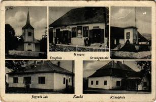 Kackó, Catcau; Templom, Országzászló, Jegyzői lak, Községháza, Hangya szövetkezet üzlete / church, Hungarian flag, notary's office, town hall, cooperative shop (EB)