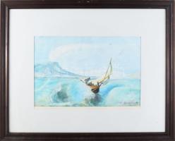 Olvashatatlan jelzéssel: Vitorlás a viharban. Olaj, papír. Üvegezett fakeretben. 26x39,5 cm