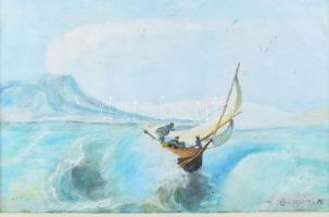 Olvashatatlan jelzéssel: Vitorlás a viharban. Olaj, papír. Üvegezett fakeretben. 26x39,5 cm