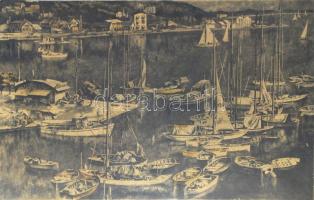 Görög Rezső (1930- ?): Balatoni délután (vitorlások) Kikötő. Rézkarc, papír. Jelzett a hátoldalán. Kartonra kasírozva. Körbevágva. 46,5x72,5 cm