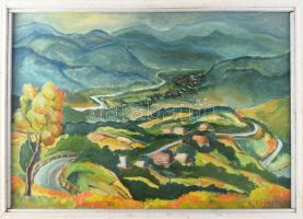 Keresztes jelzéssel: Hegyvidéki táj, 1979. Olaj, vászon. Fakeretben. 50x70 cm.