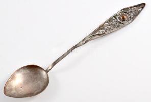 Antik ezüstözött rész kanál, kopással, filigrán díszítéssel, h: 14 cm