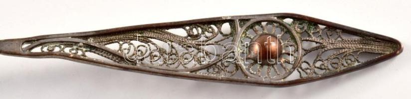 Antik ezüstözött rész kanál, kopással, filigrán díszítéssel, h: 14 cm