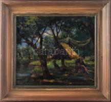 Jelzés nélkül: Táborozók. Olaj, vászon. Javított. Dekoratív fakeretben, 34×39,5 cm