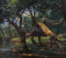 Jelzés nélkül: Táborozók. Olaj, vászon. Javított. Dekoratív fakeretben, 34×39,5 cm