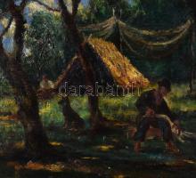 Jelzés nélkül: Táborozók. Olaj, vászon. Javított. Dekoratív fakeretben, 34×39,5 cm
