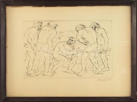 Borsos Miklós (1906-1990): Társaság. Rézkarc, papír, jelzett, üvegezett fakeretben. 19x29 cm