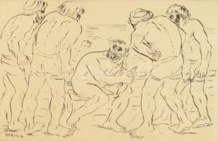 Borsos Miklós (1906-1990): Társaság. Rézkarc, papír, jelzett, üvegezett fakeretben. 19x29 cm