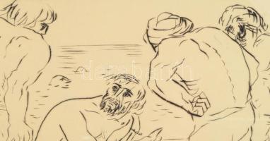 Borsos Miklós (1906-1990): Társaság. Rézkarc, papír, jelzett, üvegezett fakeretben. 19x29 cm