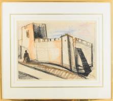 Barcsay Jenő jelzéssel: Vár. Kréta, papír, üvegezett fakeretben. 29,5x41 cm